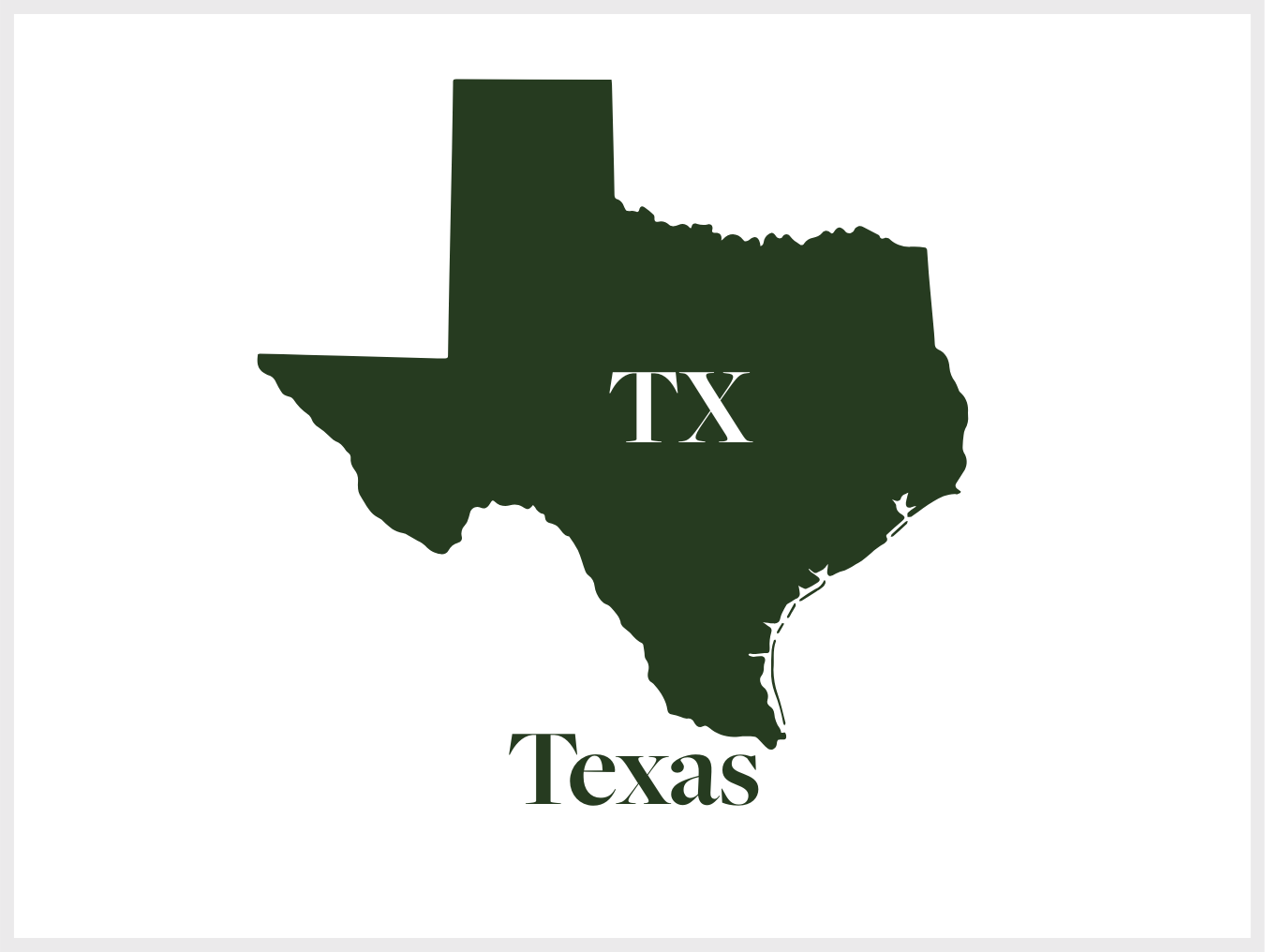 Silhouette map of Texas with the word "TX" in the center and "Texas" at the bottom.