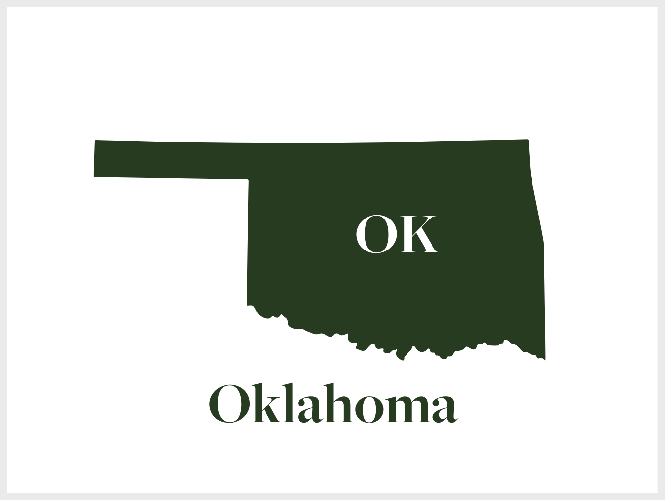 Silhouette of the state of Oklahoma in dark green with the word "OK" in the center and "Oklahoma" written below.
