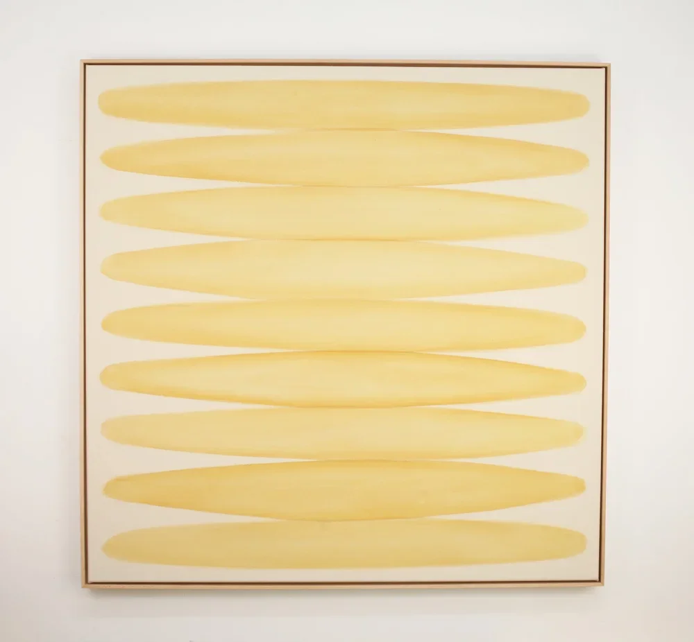 RYAN SNOW  
Ovals in Yellow Ochre (2026)  
49” x 49” x 2.5”  
Earth-pigment watercolor on natural canvas  
Framed in maple  
$6,900