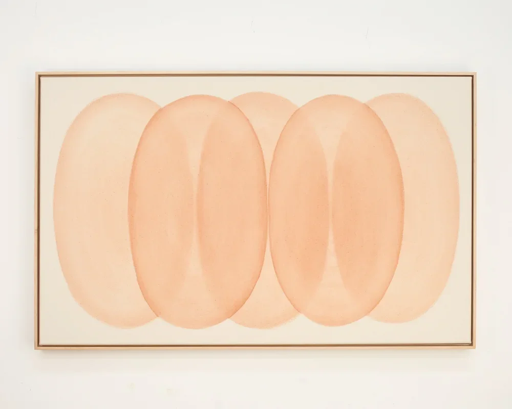 RYAN SNOW  
Ovals in Pink (2026)  
49” x 31” x 2.5”  
Earth-pigment watercolor on natural canvas  
Framed in maple  
$5,800