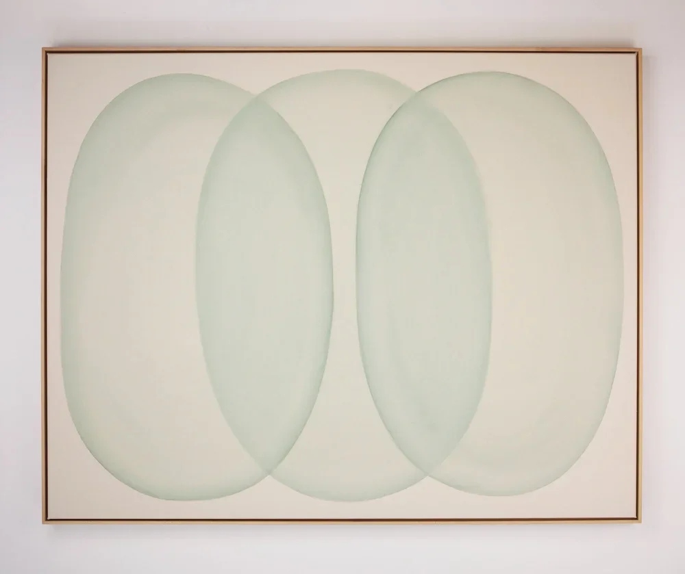 RYAN SNOW  
Ovals in Light Aqua (2026)  
61” x 49” x 2.5”  
Earth-pigment watercolor on natural canvas  
Framed in maple  
$9,200