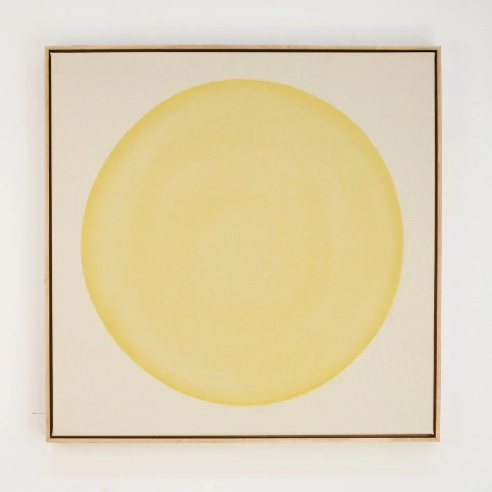 RYAN SNOW  
Circle in Yellow Ochre (2026)  
31” x 31” x 2.5”  
Earth-pigment watercolor on natural canvas  
Framed in maple  
$4,400