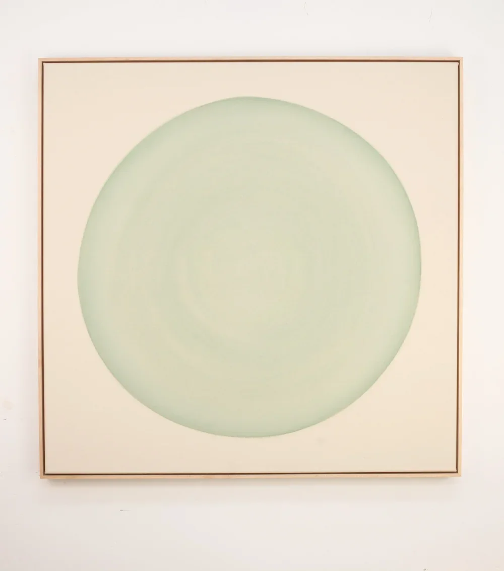 RYAN SNOW  
Circle in Light Green (2026)  
43” x 43” x 2.5”  
Earth-pigment watercolor on natural canvas  
Framed in maple  
$6,200