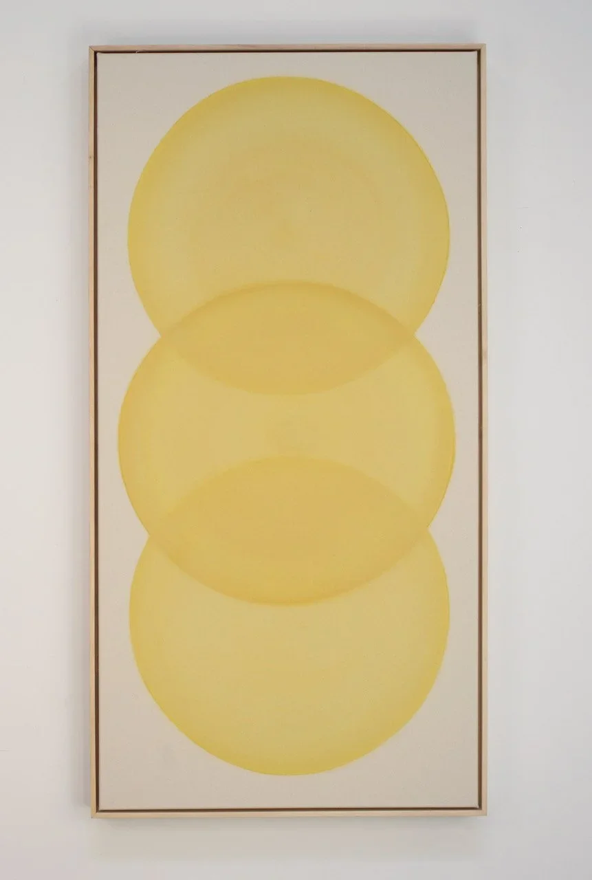 RYAN SNOW  
Circles in Yellow Ochre (2026)  
25” x 49” x 2.5”  
Earth-pigment watercolor on natural canvas  
Framed in maple  
$5,200