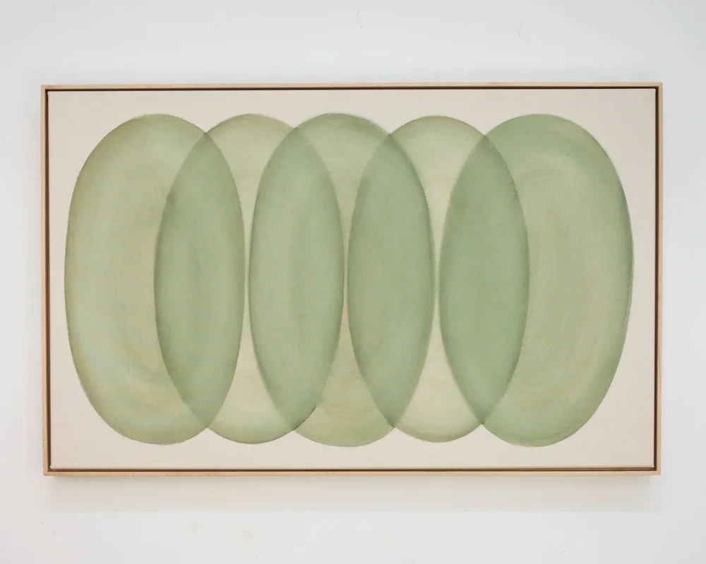 RYAN SNOW  
Ovals in Olive (2026)  
49” x 31” x 2.5”  
Earth-pigment watercolor on natural canvas  
Framed in maple  
$5,600
