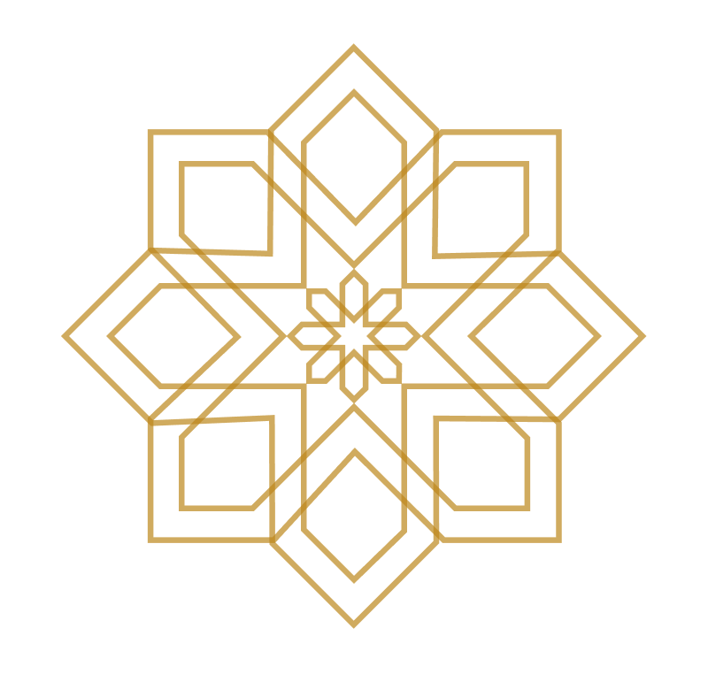 Geometric pattern with interlocking squares and diamonds in gold lines on a black background.