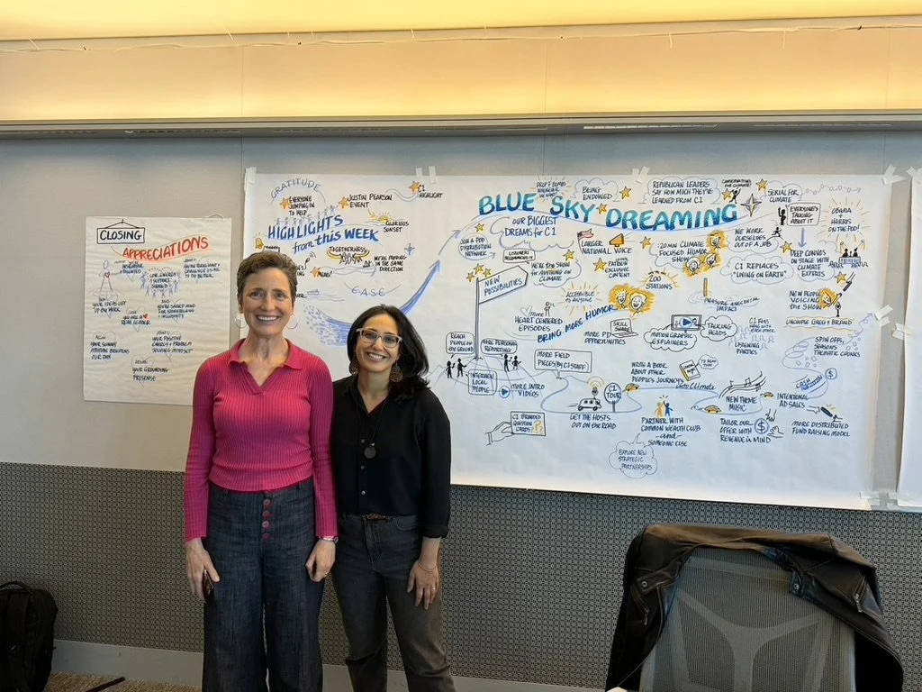 Two people standing in front of a wall with illustrated charts and notes, discussing concepts related to 'Blue Sky Dreaming' and highlights of the week. One chart includes keywords like 'gratitude' and 'humor.' The setting appears to be a conference or workshop room.