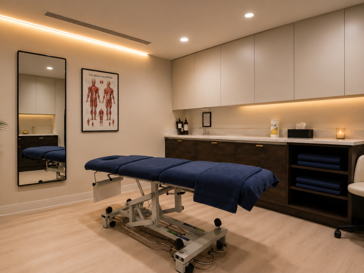 A massage therapy room with a massage table covered in a dark blue sheet, a tall mirror on the wall, a diagram of the muscular system, cabinets, and soft lighting.