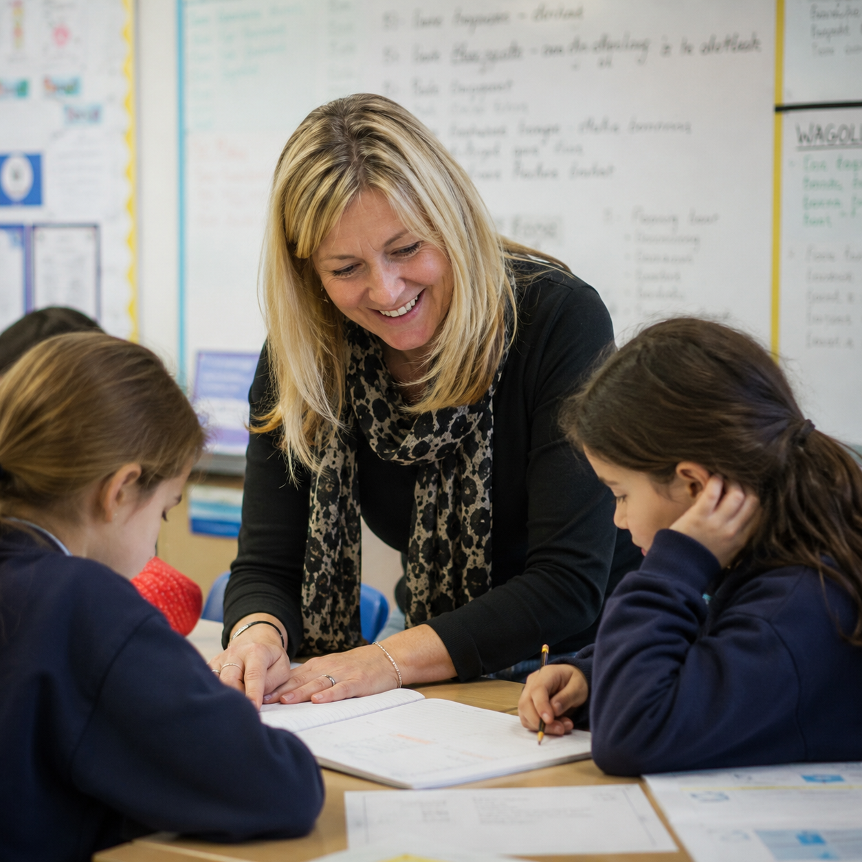 A teacher helping two students in a classroom. The teacher is smiling and leaning over a notebook on a desk, while the students are focused on their work, one with a pencil in hand and the other resting her head on her hand. The background shows a whiteboard with writing and classroom posters.