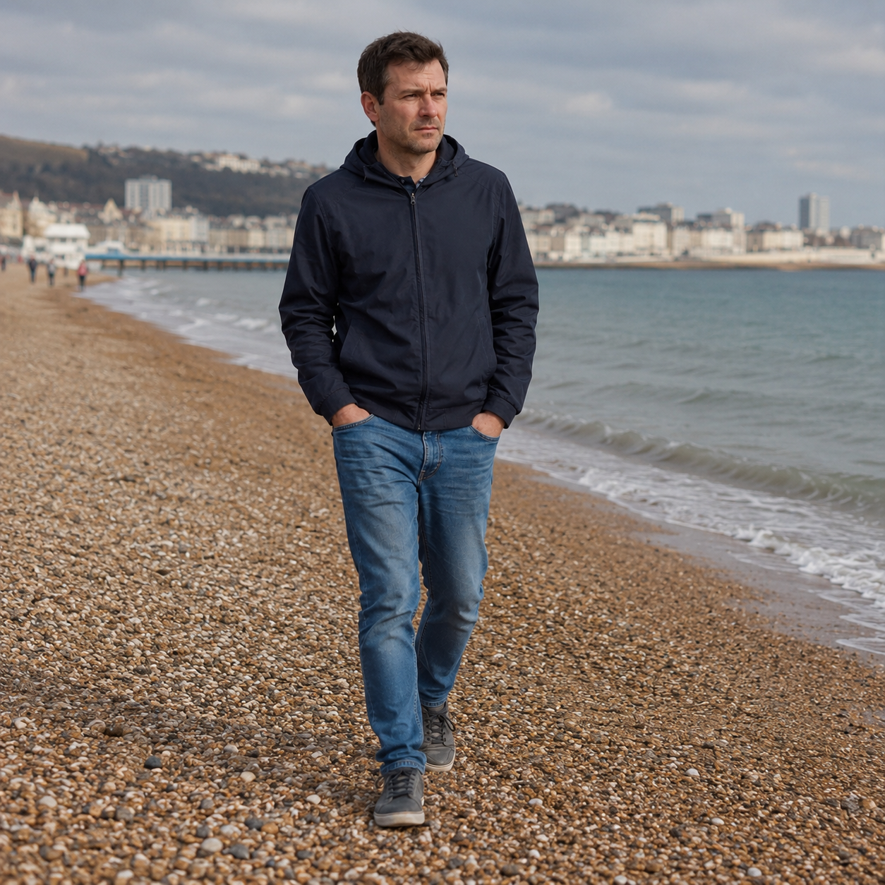 Man in a dark jacket and jeans walking along a pebbled beach with water and cityscape in the background.