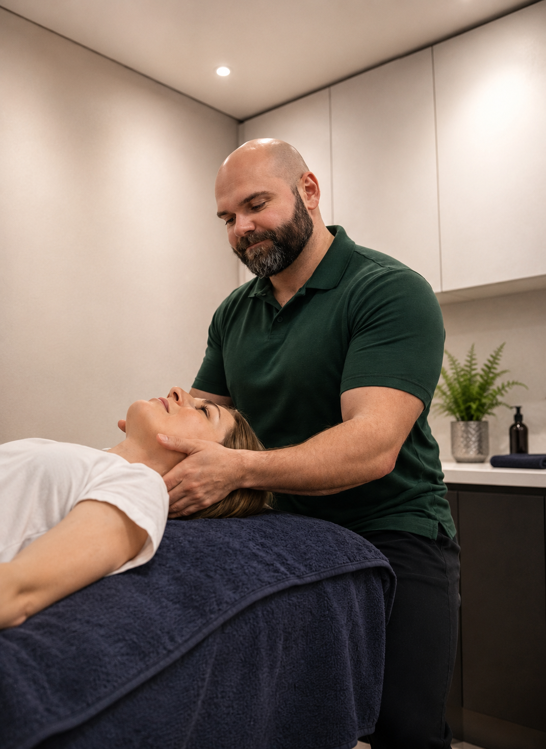A man giving a neck massage to a woman lying on a massage table in a therapy room.