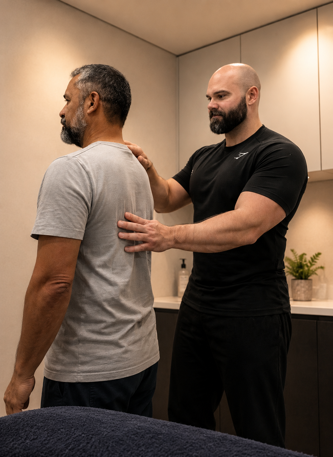 A man receiving spinal analysis or therapy from a professional in a clinical setting. The professional has his hands on the man's shoulders and back. The background includes a countertop with lotion bottles and potted plant.