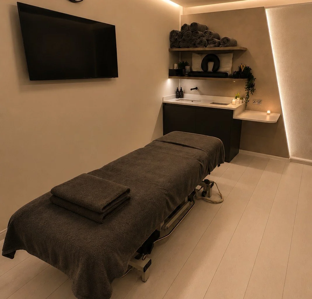 A massage therapy room with a massage table covered in a dark brown towel and folded towels on top. There is a flat-screen TV mounted on the wall, a small kitchenette area with a sink, shelves holding rolled towels, plants, and decorative items. The 