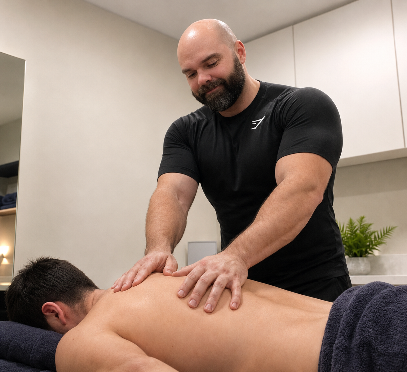 A man receiving a massage from a massage therapist in a spa or wellness center.