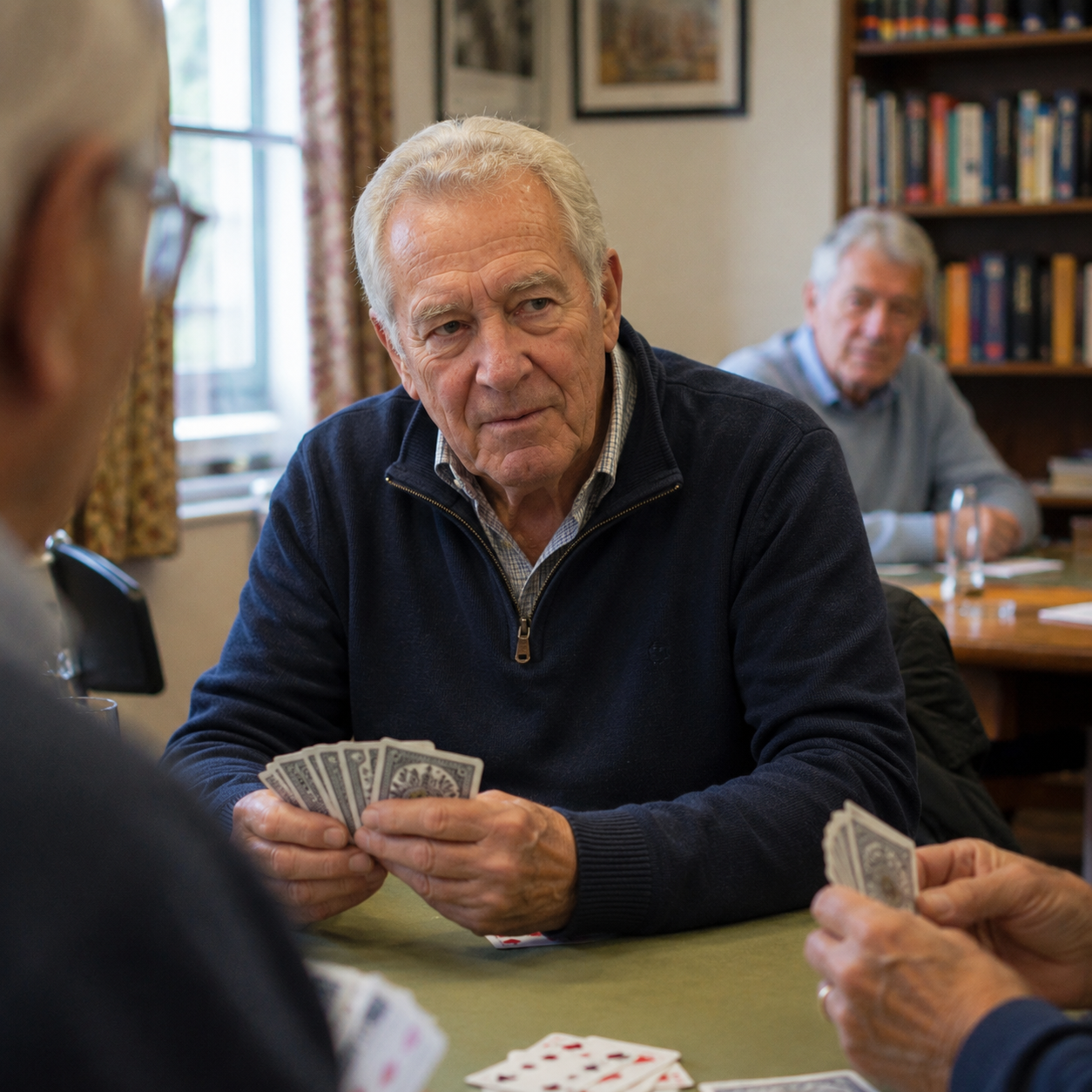 Three elderly men playing cards at a table inside a room with bookshelves and window.