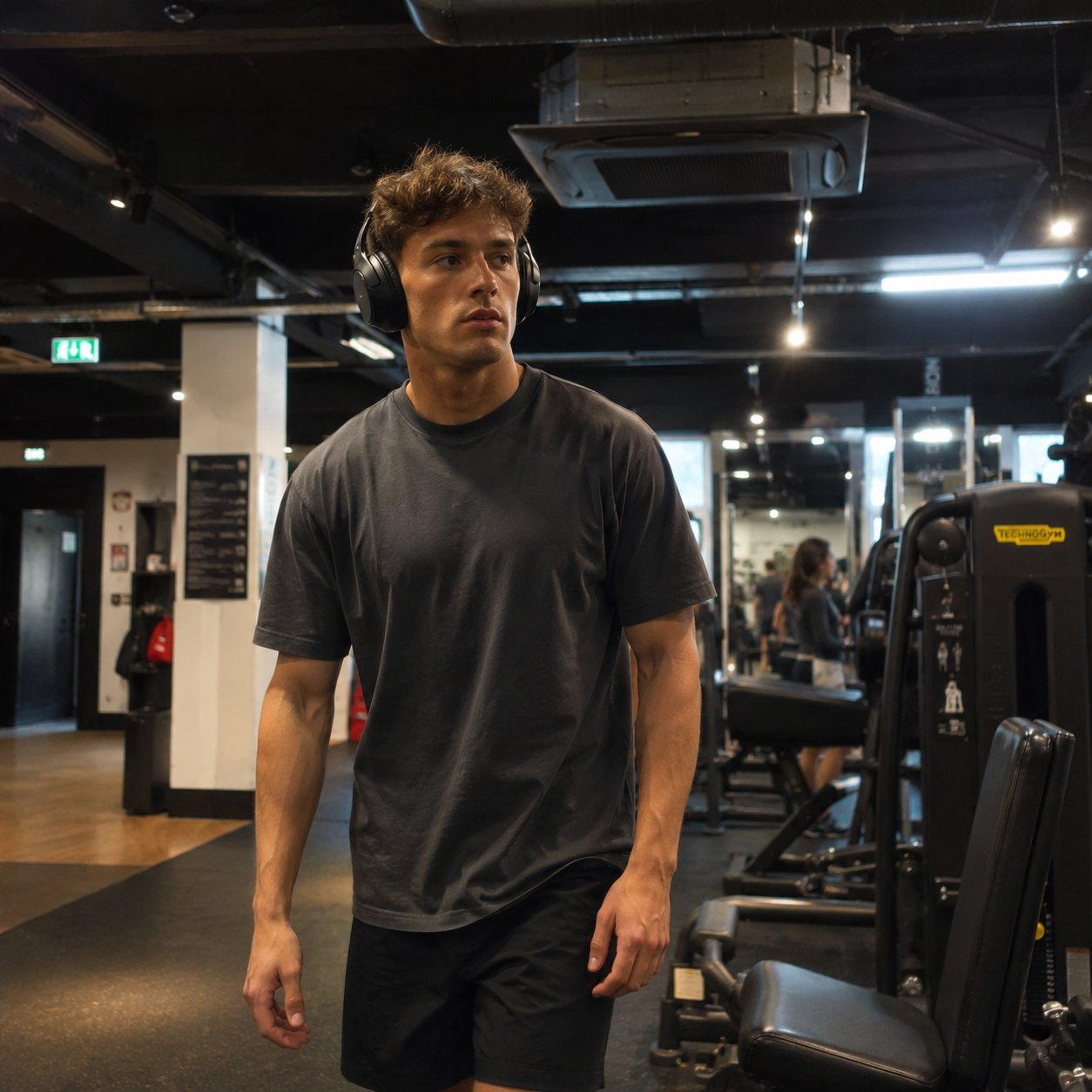 Young man in a black t-shirt and shorts wearing headphones at a gym, surrounded by workout equipment and other people exercising.