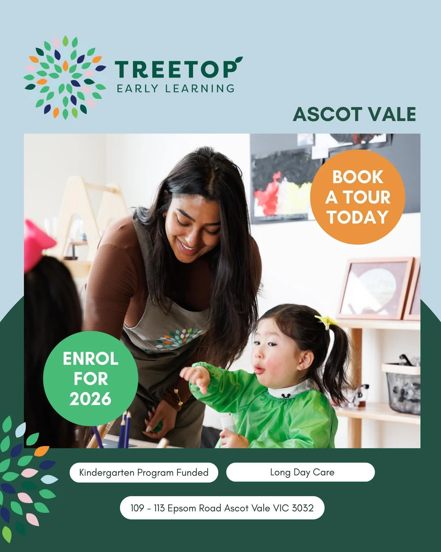 🌳 Book a tour at Treetop Early Learning Ascot Vale! 🌳

Our family-owned, Reggio Emilia-inspired centre offers exceptional childcare and kindergarten with personalised learning, enriching programs, and Bachelor-qualified educators.

What families ca