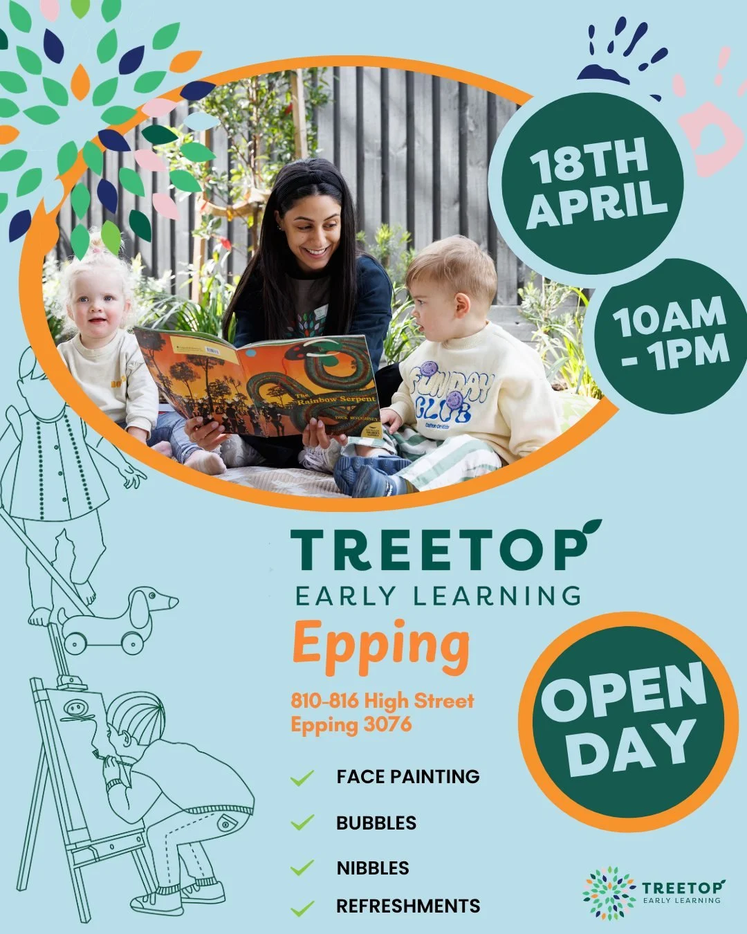 Join us on Saturday 18th April from 10am - 1pm for the Open Day of our brand new Treetop Early Learning Centre located at 810 High Street, Epping. Discover what makes Treetop Early Learning special, meet our friendly team and explore the space where 