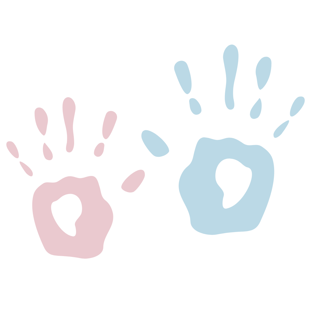 Illustration of two colorful handprints, one pink and one blue, with paint splash details