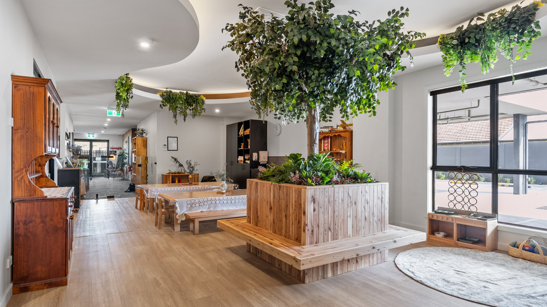 A beautifully designed indoor learning space at Treetop Early Learning. The room features natural light, greenery, and open shelving, creating a calm and inviting environment that supports independence and creativity.