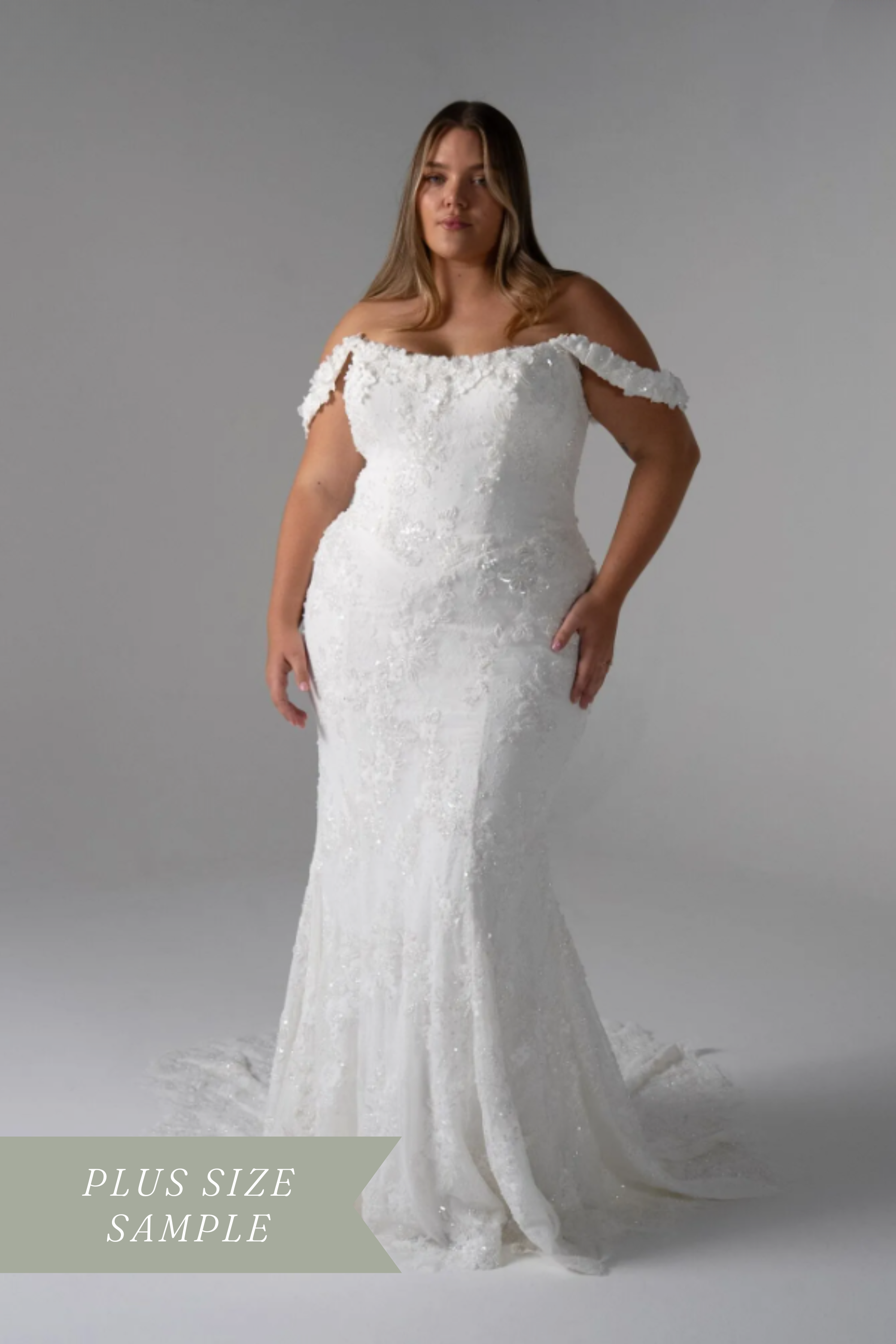Serene Vendela fit-and-flare wedding dress with scoop neckline, 3D floral motifs, sequin lace, and Basque waist
