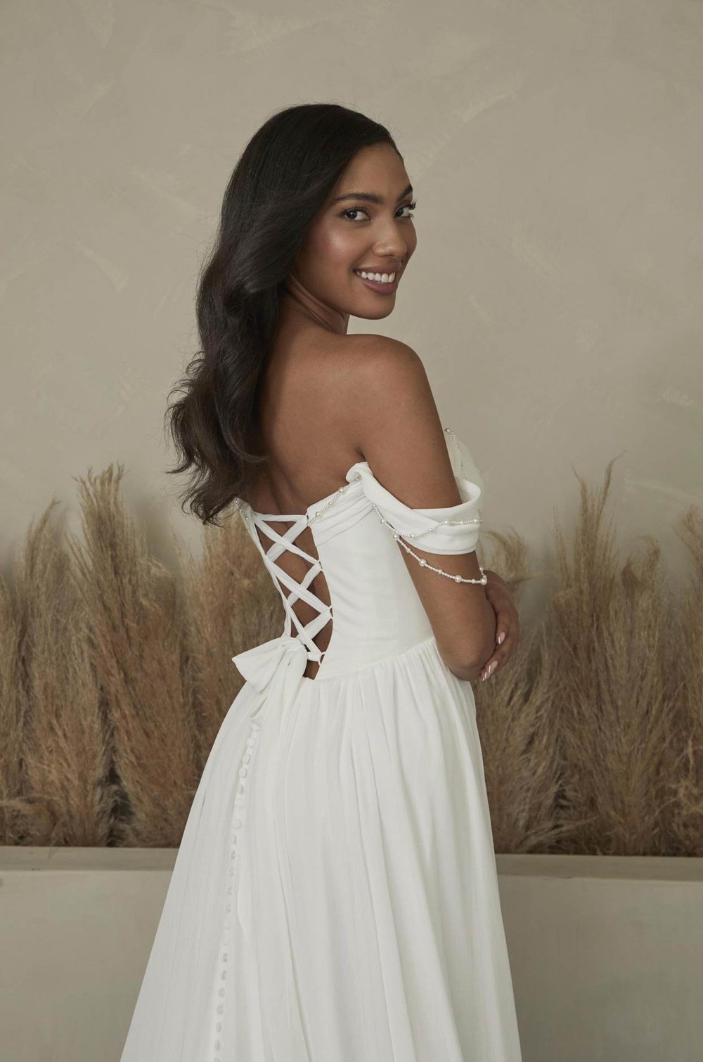flowy chiffon wedding dress Off-the-shoulder Sleeve Chiffon Wedding Gown 2021 Summer – loveangeldress main image 1