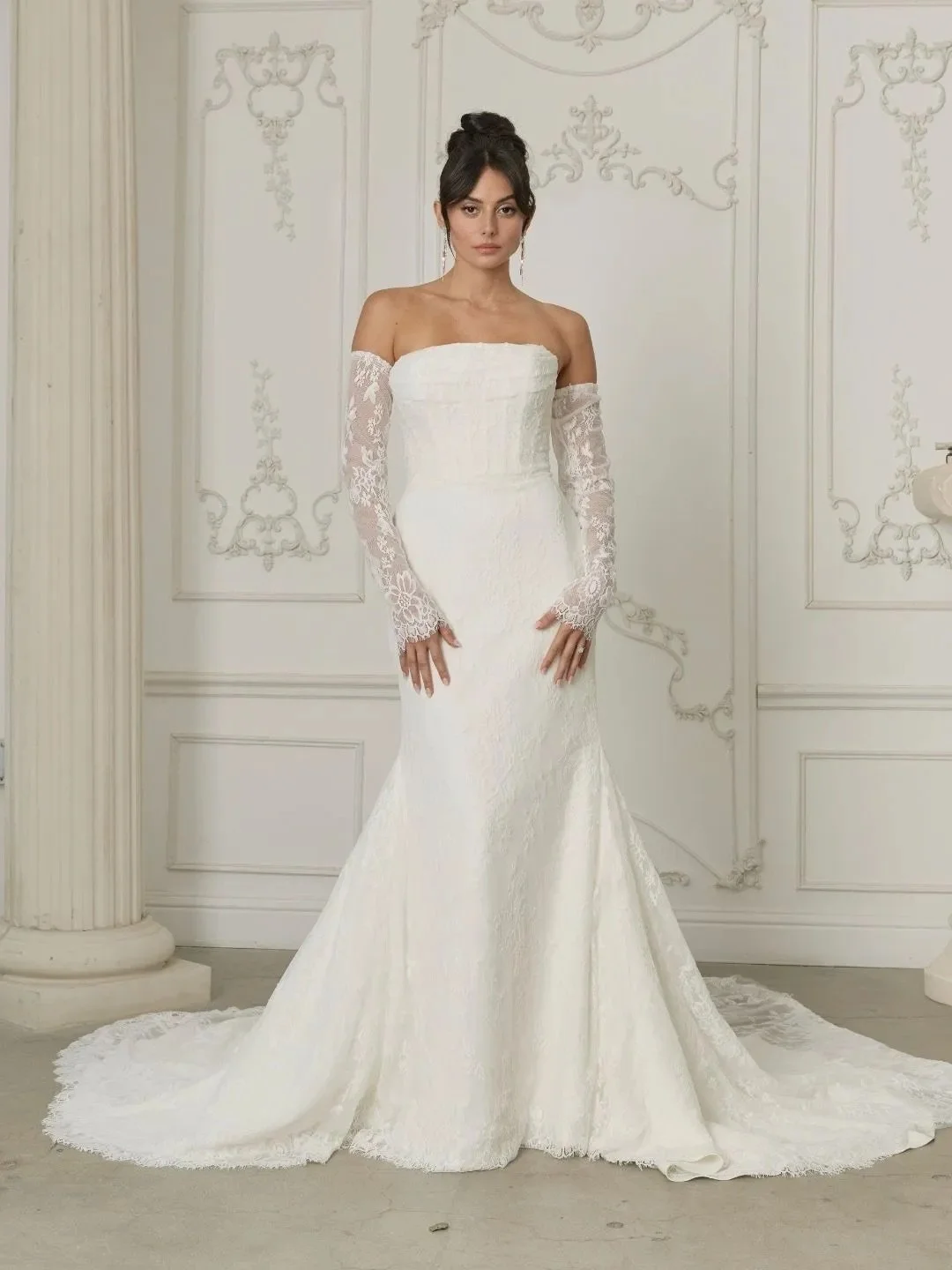 Convertible Lace and Crepe Wedding Dress with Optional Long Lace Sleeves