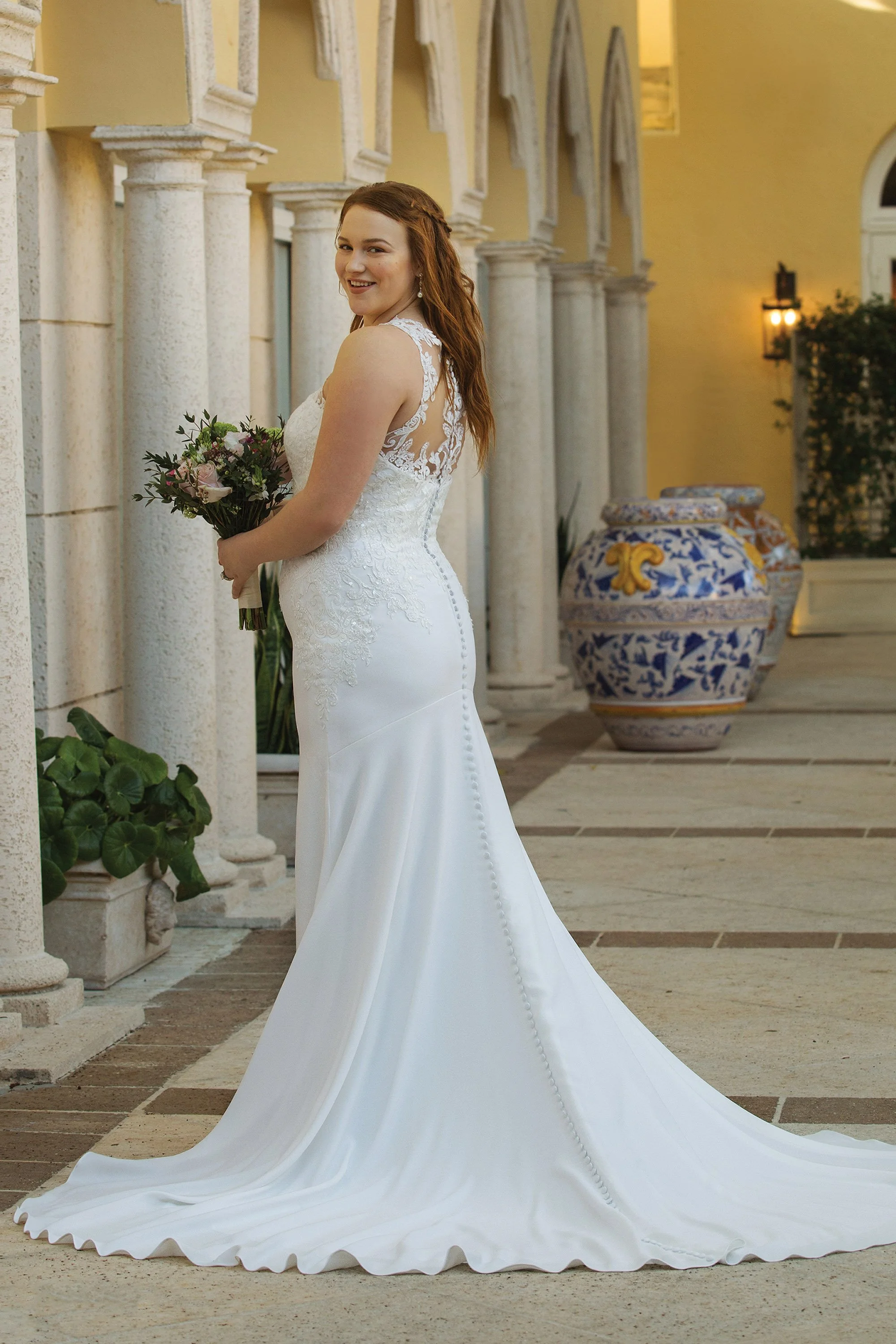 Sincerity 44048 crepe fit-and-flare wedding dress with lace halter neckline and illusion button back