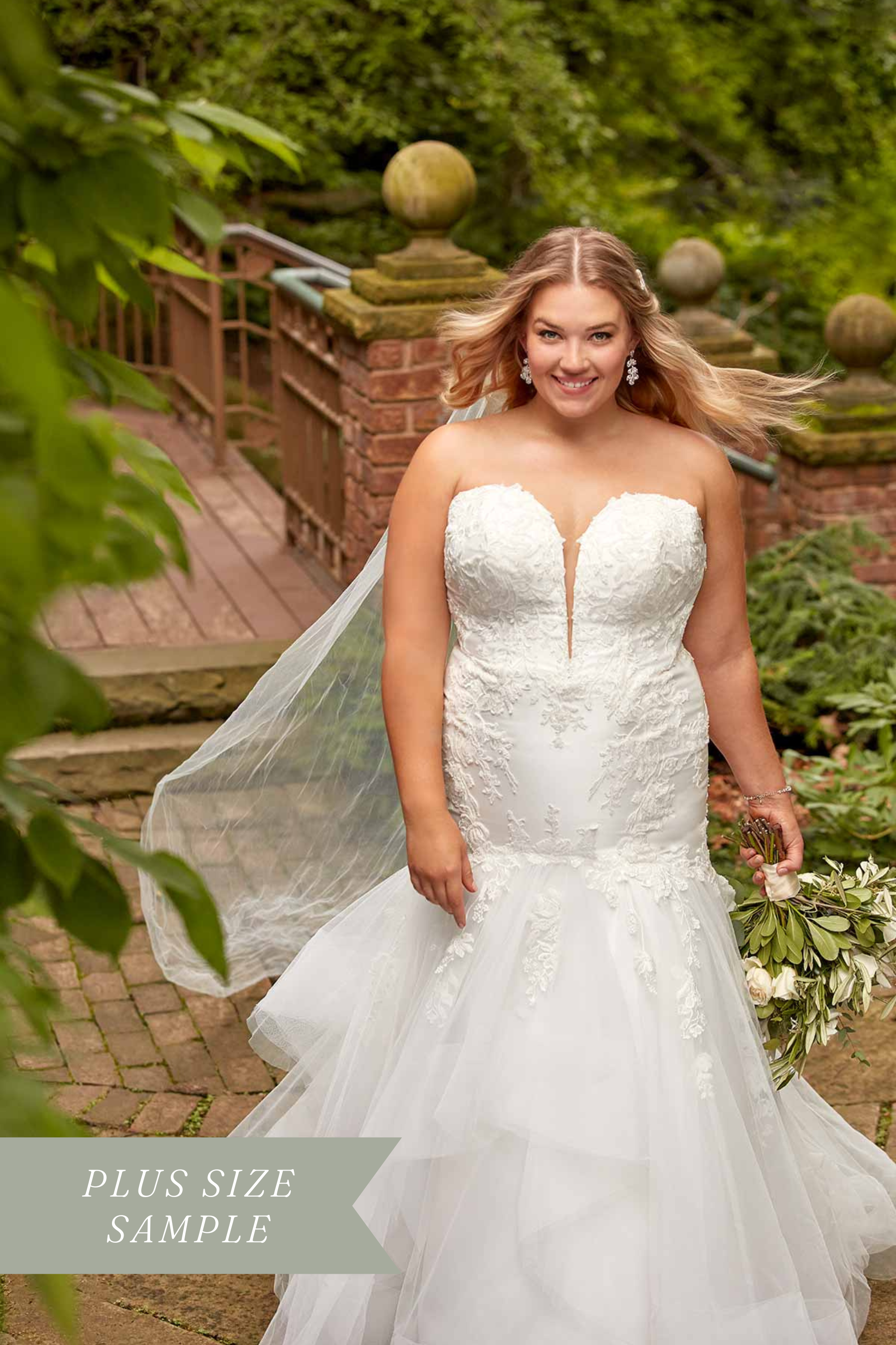 Plus Size Essense of Australia D2920IV plunge neckline fit-and-flare wedding dress with sparkling lace accents