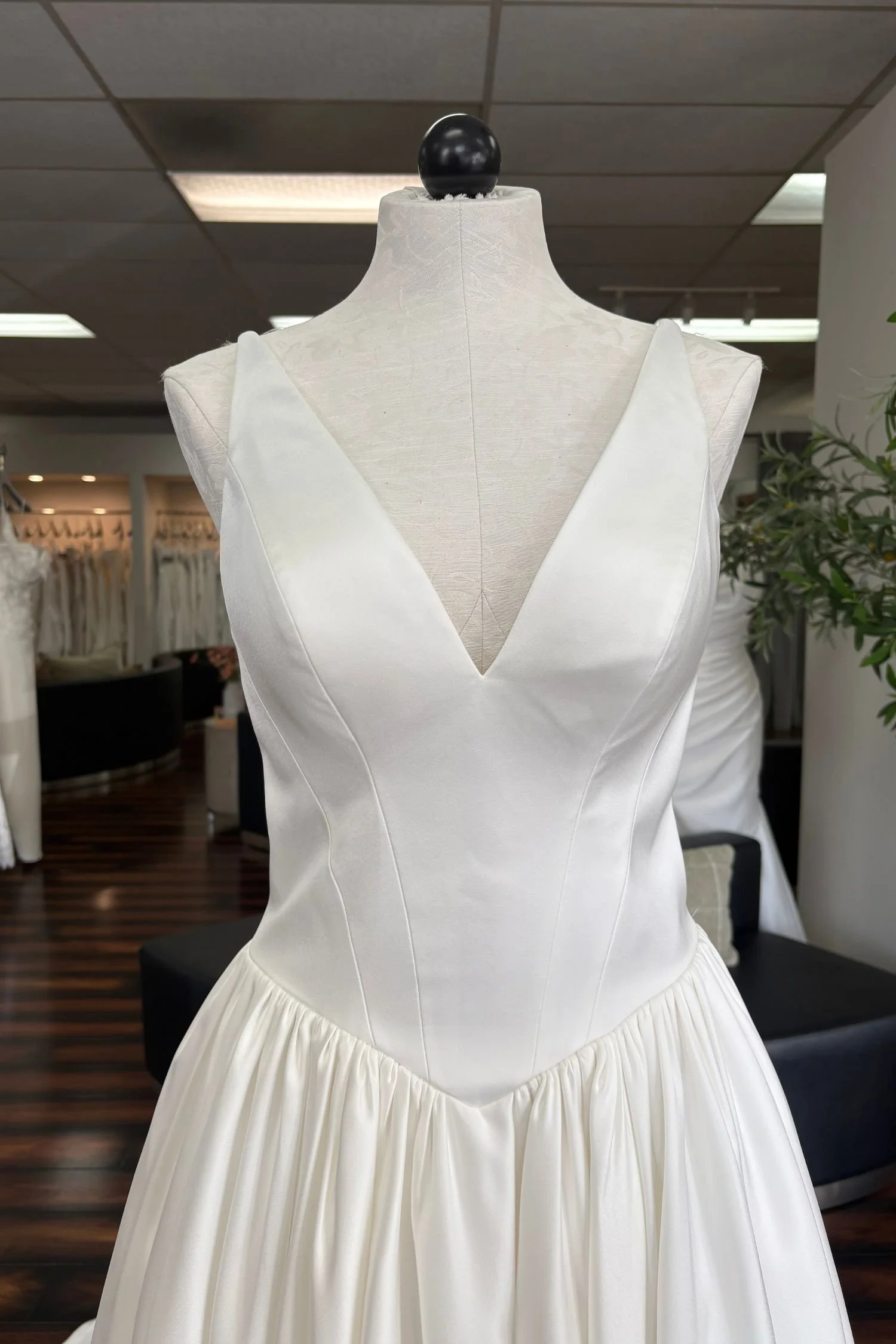 Satin Ballgown with Drop Basque Waist and V-Neck