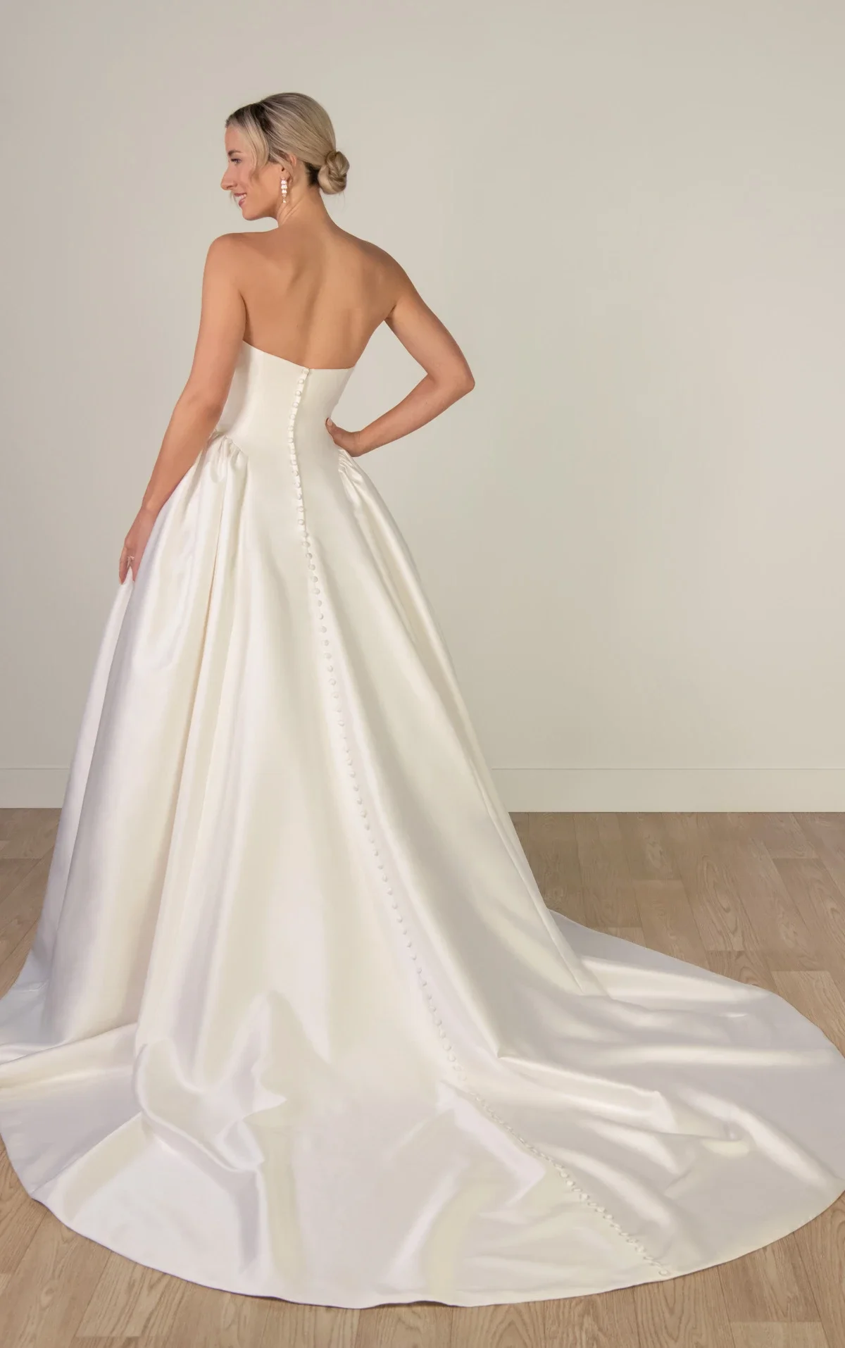 Strapless Mikado A-Line Wedding Gown with Architectural Seaming and Pockets
