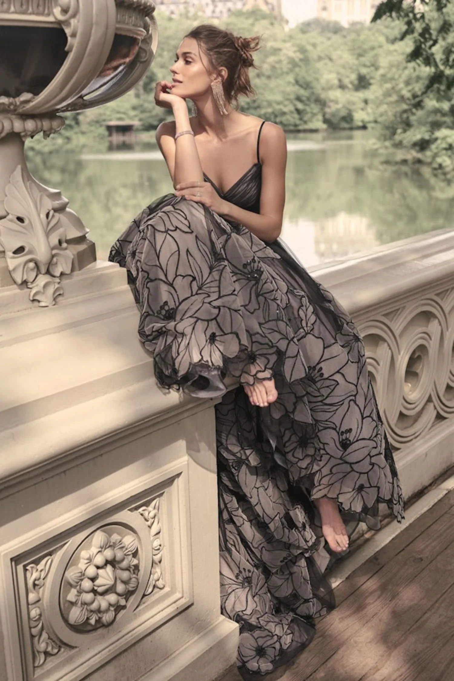 Black Ball Gown Wedding Dress with Big Florals and Pleated Bodice