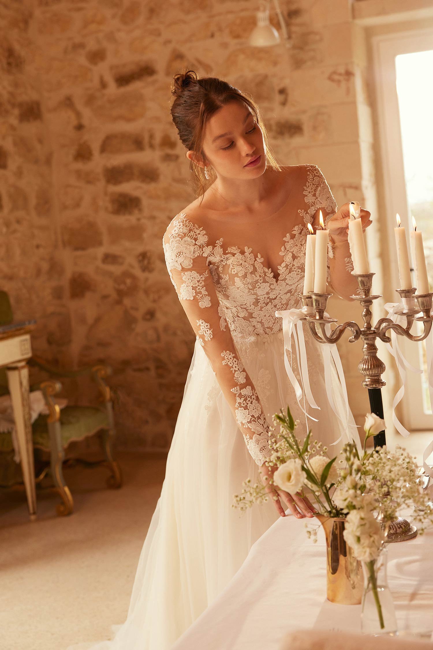 Long Sleeve Tulle Ball Gown with Illusion Sabrina Neckline