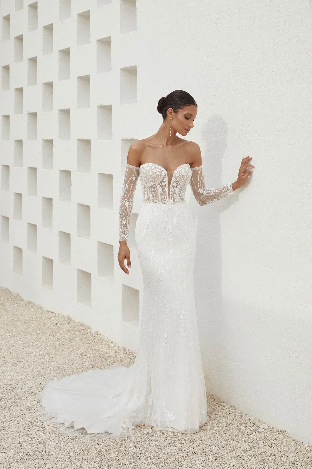 lace bell sleeve sheath dress Lou Embroidered Crepe Bell Sleeve Dress