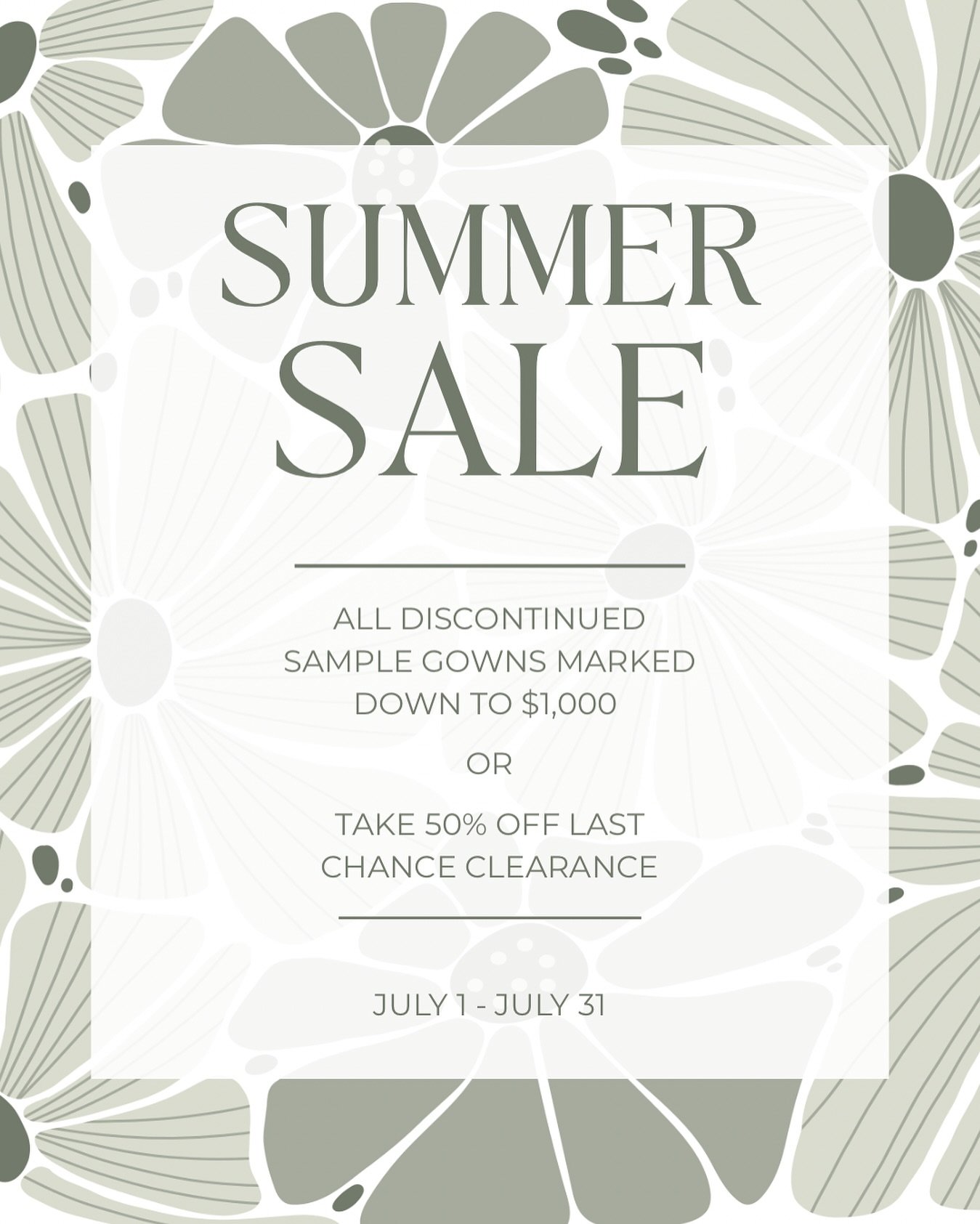 Summer Sale | July 1 - July 31 

Calling all brides-to-be! Our biggest sale of the year is happening NOW &mdash; and it&rsquo;s the perfect time to find your dream dress for less. 🥂

 Two unbeatable offers: 💫 All Discontinued Sample Gowns marked do
