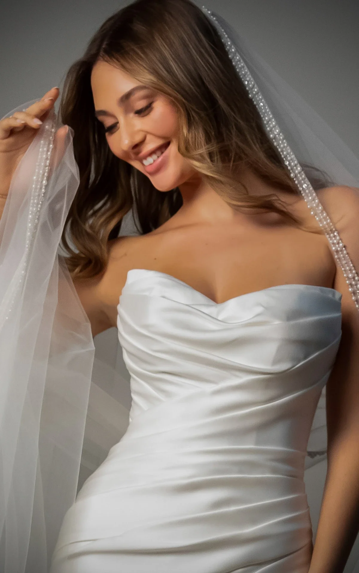 Strapless Mikado Fit-and-Flare Wedding Gown with Ruched Bodice