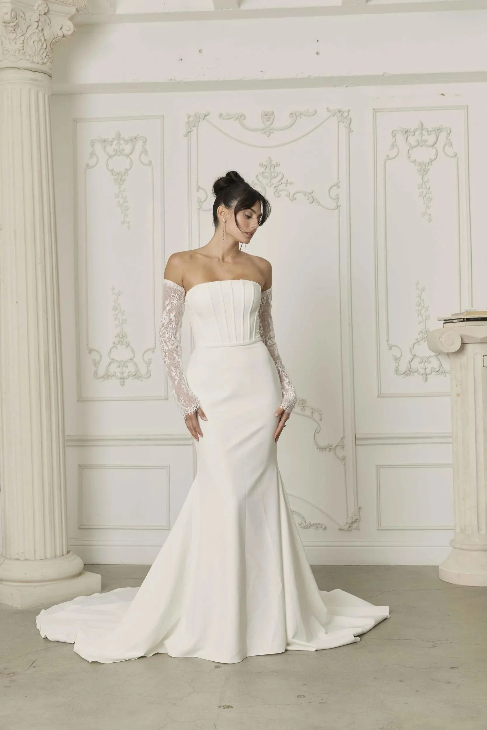 Convertible Lace and Crepe Wedding Dress with Optional Long Lace Sleeves