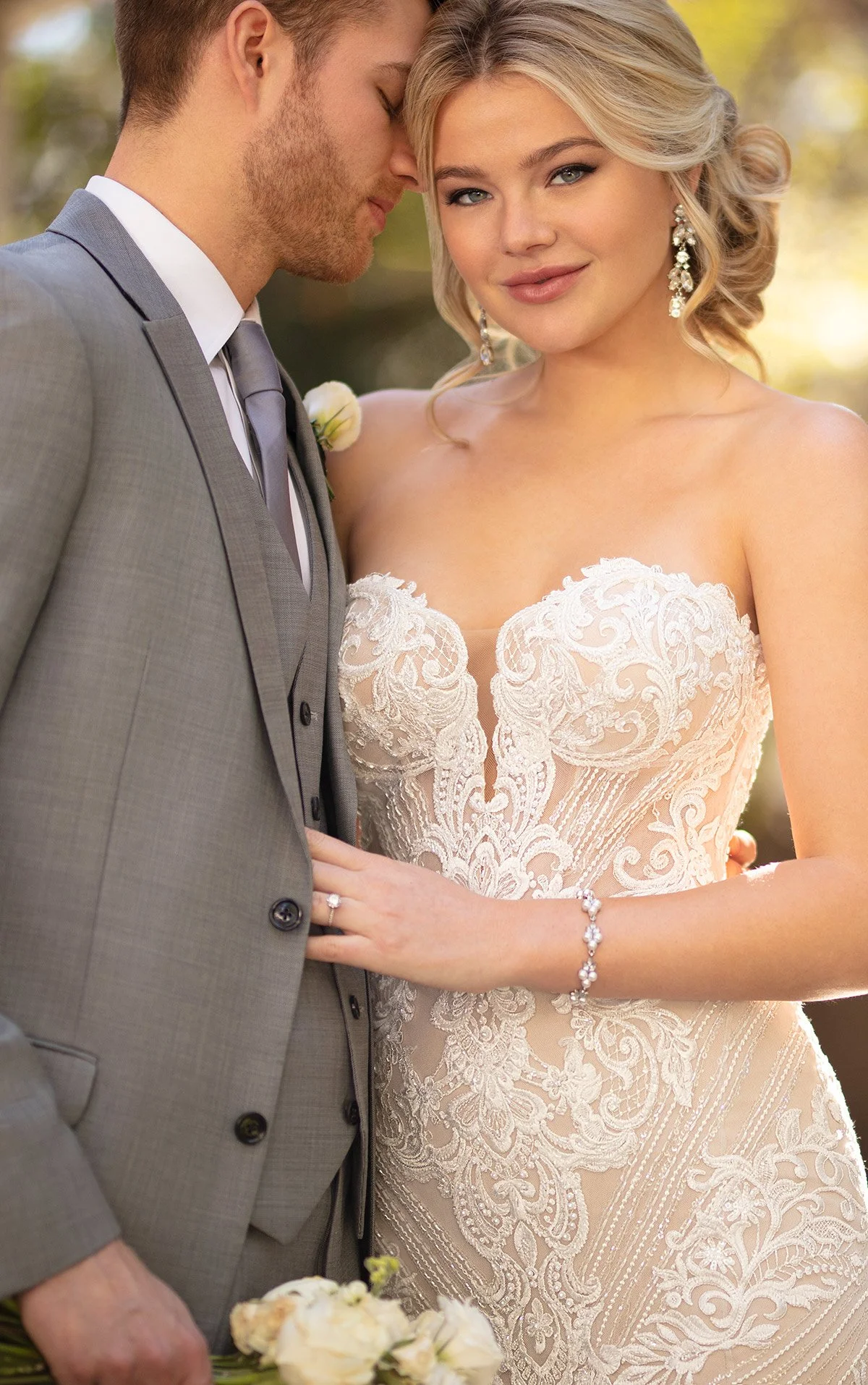 Essense of Australia D2819IV strapless graphic lace fit and flare wedding dress with sheer bodice and scallop hemline
