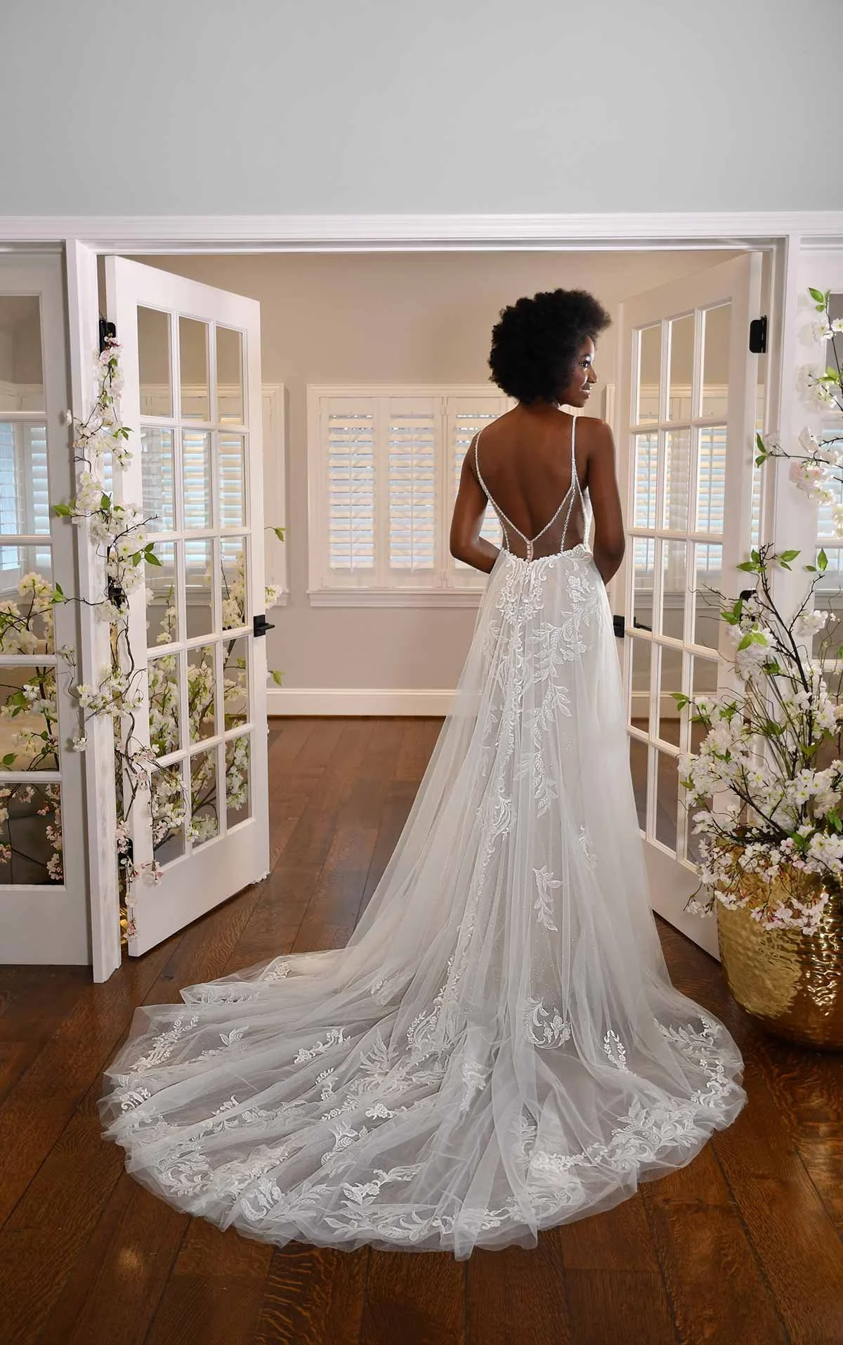 Essense of Australia D3324 vintage lace A-line wedding dress with deep V-neckline and illusion sheer bodice in Ivory/Rum