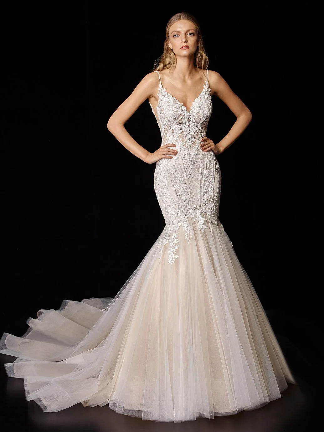 Enzoani Perla beaded floral and linear lace mermaid wedding gown with organza skirt