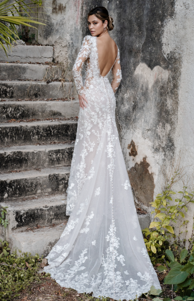 Allure Couture C650 vintage-inspired wedding dress with puffed long sleeves, plunging neckline, and open back