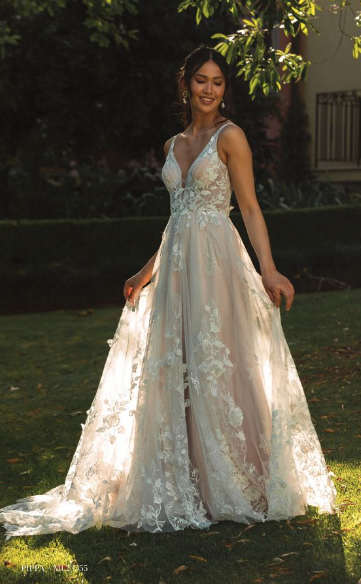 Madi Lane Pippa ML23555 bohemian A-line wedding dress with illusion plunge V-neck, leaf lace and sparkling glitter tulle skirt