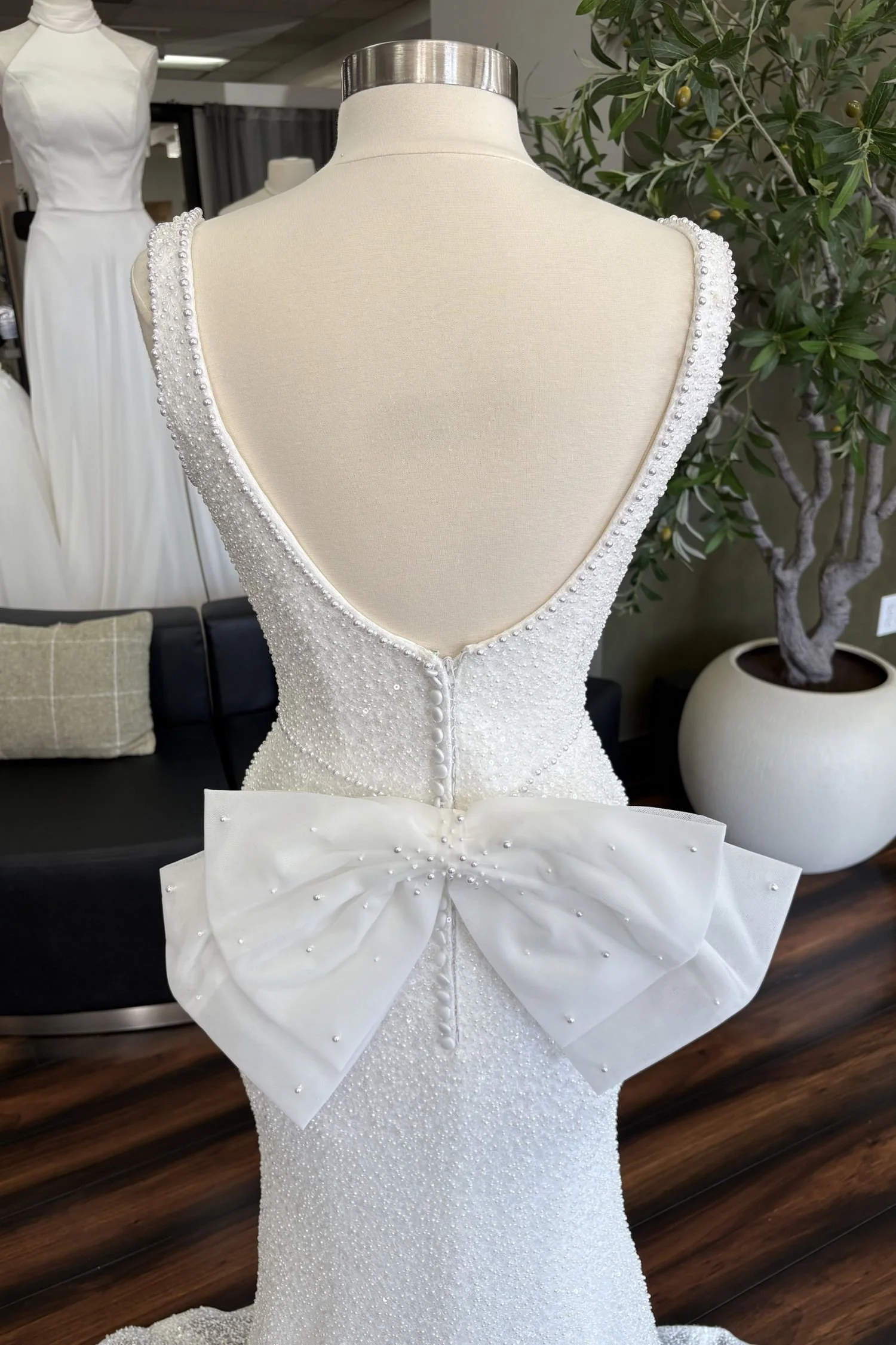 Fully Beaded Sheath Wedding Gown with Basque Waist and Bow