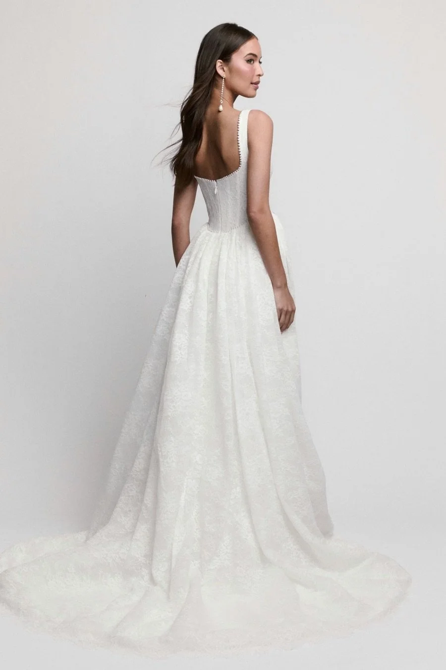 Locket Clover ball gown wedding dress with square neckline, drop waist, and pearl-accented Caterina lace