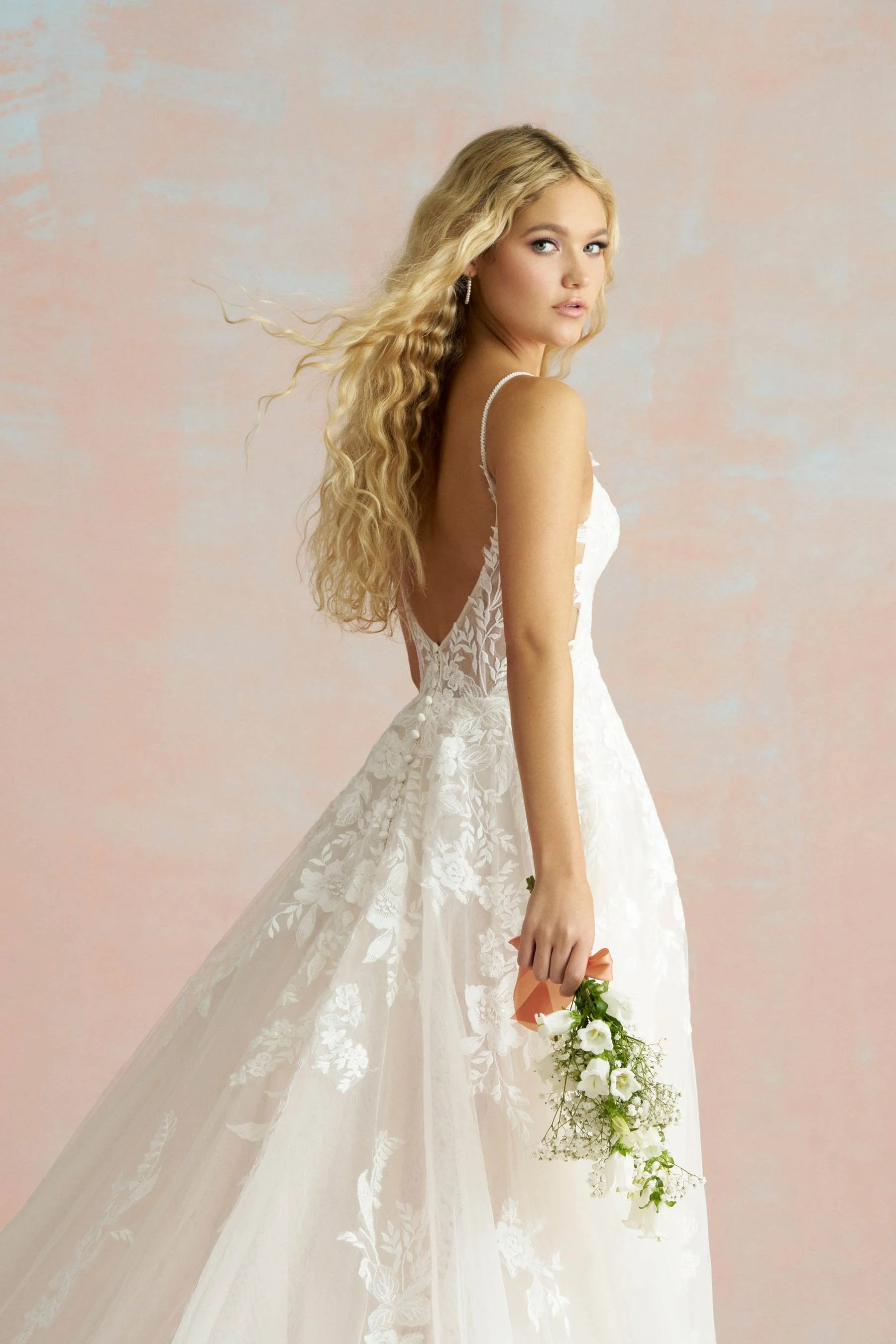 Soft Tulle and Lace Wedding Dress with Beaded Appliques and V-Neckline