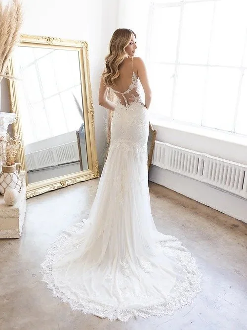 Abby Lane 97192 fitted tulle lace wedding dress with embroidered appliques and sleeveless illusion sweetheart neckline