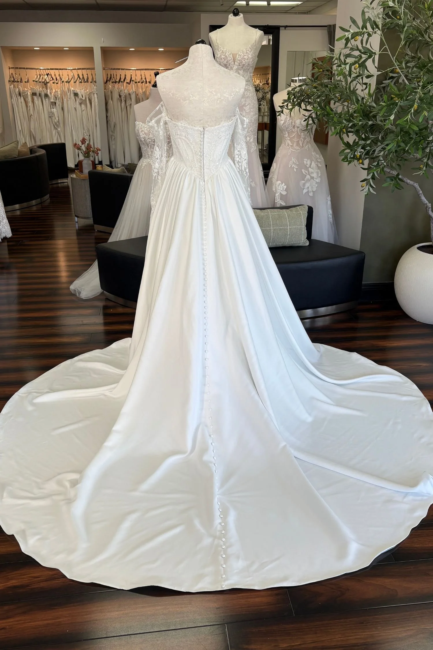 Matte Satin Ballgown Wedding Dress with Lace Bodice and Detachable Long Sleeves