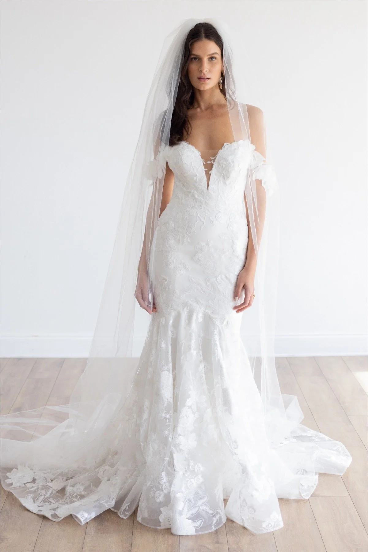 Locket Bello 19801 fit and flare wedding gown with 3D floral lace and detachable off-shoulder straps