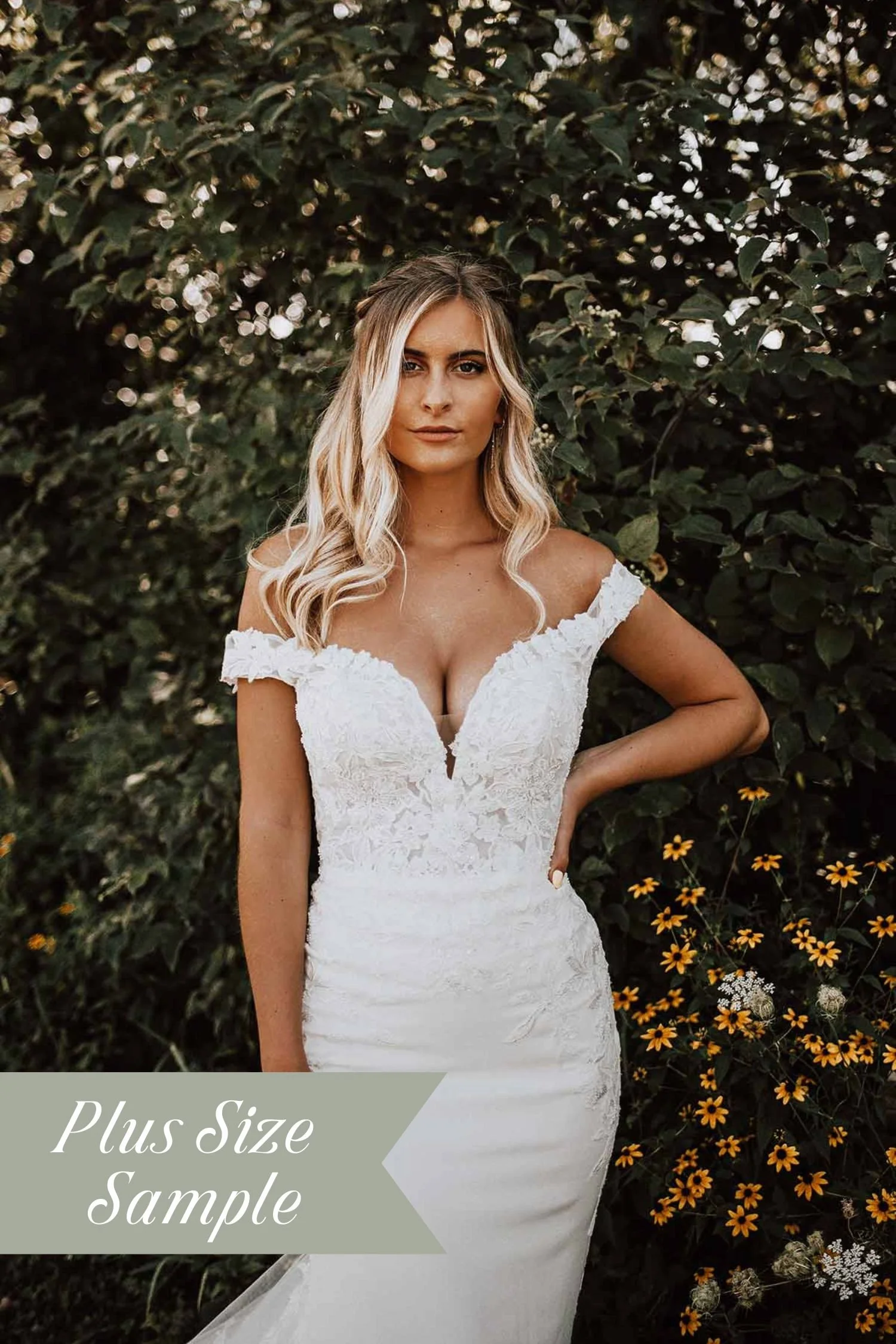 Lace Crepe Fit and Flare Plus Size Wedding Dress with Off the Shoulder Straps