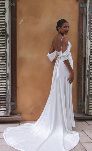Madi Lane Prescott ML23789 minimalist satin wedding dress with sweetheart neckline and off-the-shoulder pleated straps